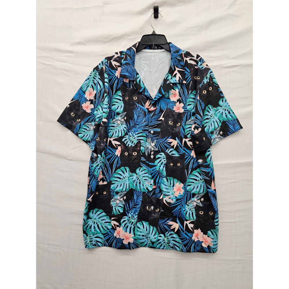 ACE Mens Tropical Black Cat Hawaiian Button Down Shirt Blue Polyester Size XL